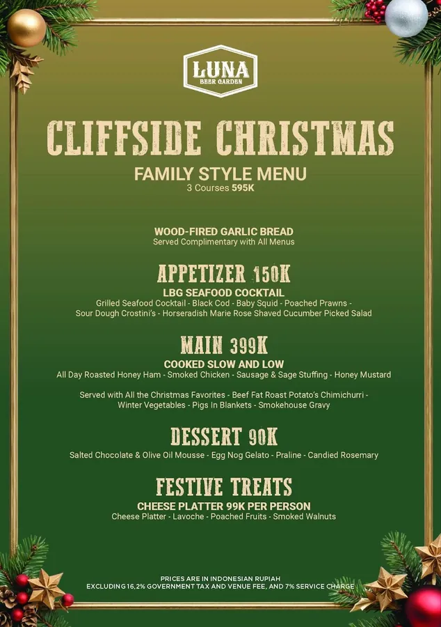 Luna Beach Club Christmas family style menu